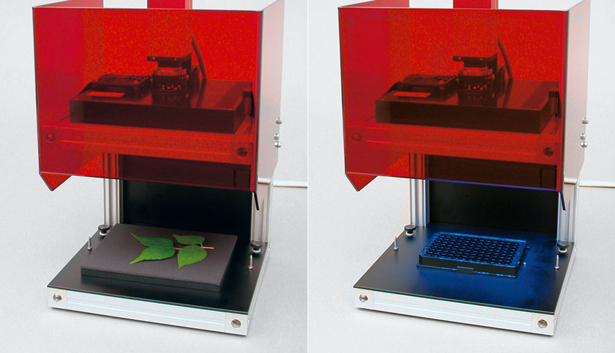 System combination IMAGING‐PAM MAXI Version with Adapter IMAG‐MAX/GWK1 on Gas‐Exchange Chamber 3010‐GWK1.