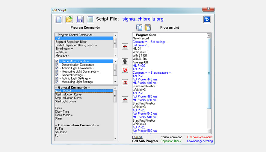 Script files allow to program the time sequence of all commands that can be carried out manually. In this way, complex measuring routines can be automated.
