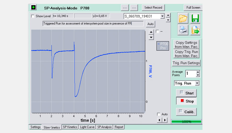 Fig. 10: Slow kinetics and triggered run
Besides standard induction curves (see Fig.1) and manually controlled &ldquo;chart recordings&rdquo;, the Dual-PAM-100 also supports so-called triggered runs, which involve the triggering of various light sources at defined times after run-start. Triggered runs can be derived from manually triggered recordings and edited by the user.
Fig.10 shows a triggered run of a P700 measurement for assessment of the intersystem pool size involving single and multiple turnover flashes in the presence of far-red background light. In addition, the DualPAM software also allows to program more extended so-called script files, which may involve all actions that can be carried out manually (i.e. also switching between different modes of data acquisition, measuring induction/light curves and fast kinetics etc.).