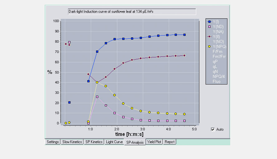 Fig. 4: Saturation pulse analysis
Based on the original concept of excitation energy partitioning of Kramer et al. 2004 (Photosynth Res 79: 209-218) three complementary quantum yields are defined for PS I in analogy to PS II:

Y(I) = 1 - Y(ND) - Y(NA)
Y(I), photochemical quantum yield of PS I
Y(ND), quantum yield of nonphotochemical energy dissipation in PS I due to donor side limitation
Y(NA), quantum yield of nonphotochemical energy dissipation in PS I due to acceptor side limitation
Y(II) = 1- Y(NPQ) - Y(NO)
Y(II), photochemical quantum yield of PS II
Y(NPQ), quantum yield of regulated energy dissipation in PS II
Y(NO), quantum yield of non-regulated energy dissipation in PS II
