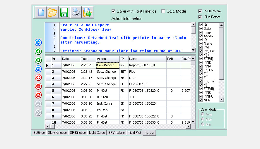 Fig. 6: Report
All data are automatically saved in an extensive report file, from where they can be stored on hard disk or exported into a spread-sheet program (like Excel). All changes of settings are documented.
The report includes slow kinetics recordings as well as the fast kinetics files for each individual saturation pulse, thus allowing very thorough analysis of the saved data. The report can be edited by the user. Explanatory comments can be added.