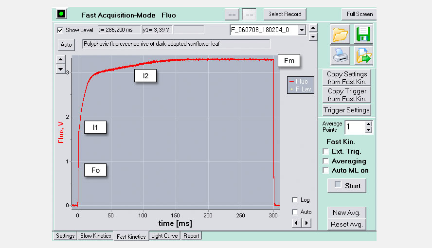 Fig. 8: Fast kinetics, linear time scale
The polyphasic fluorescence rise upon onset of continuous saturating light is measured at maximal frequency (400 kHz) of pulse-modulated measuring light in the single channel fast acquisition mode. The various rise phases (Fo-I1, I1-I2 and I2-Fm) reflect different electron transfer steps in PS II. The trigger settings for switching on/off measuring light and maximal frequency are pre-programmed for optimal performance (see Fig. 3).
The Dual-PAM-100 offers a special routine to pre-oxidize the PQ-pool by defined far-red preillumination in order to assure reliable assessment of fluorescence parameters. Without definition of the PQ redox state interpretation of the polyphasic rise is problematic. On the other hand, by comparison of the kinetics +/- FR the momentary PQ redox state can be evaluated.