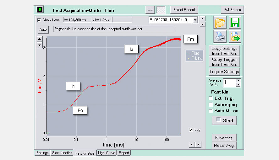 Fig. 9: Fast kinetics, log time scale
A log time scale can be applied for assessment of the rapid part of the polyphasic fluorescence rise. The Fo level is displayed as a pronounced step. At the given intensity of the saturating light the half-rise time of Fo-I1 (photochemical phase) is about 100 µs. The I1 level is characterized by another pronounced step, followed by the "thermal" I1-I2 and I2-Fm phases.
Evaluation of the various phases provides valuable information on the optical cross-section of PS II and the state of donor and acceptor sides. The Fo, I1, I2 and Fm levels are analogous to the O, J, I and P-levels defined by Strasser and co-workers. These levels, however, are not necessarily identical, due to technical differences between the applied devices (fluorescence excitation, intensity of saturating light etc.).