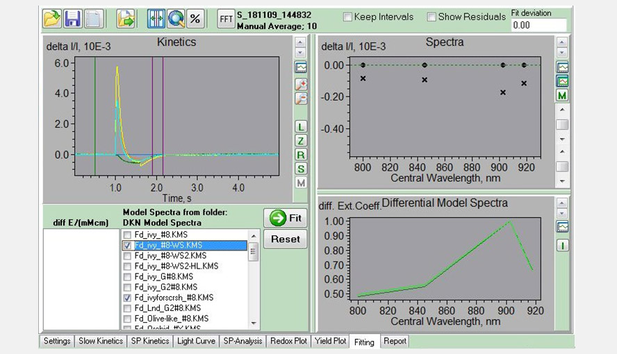 Screenshot of the Fitting window, showing an experiment with a Phalaenopsis leaf to determine the Fd-DMP (pulse of light followed by dark period) in the left panel. The four traces (sea green, green, yellow and orange) represent the measurements of the four wavelength pairs. The purple lines give the interval used for analysis and where only Fd-re-oxidation is expected to occur. A comparison between the DMP of this leaf and that of a Hedera helix leaf is shown in the right bottom window.
