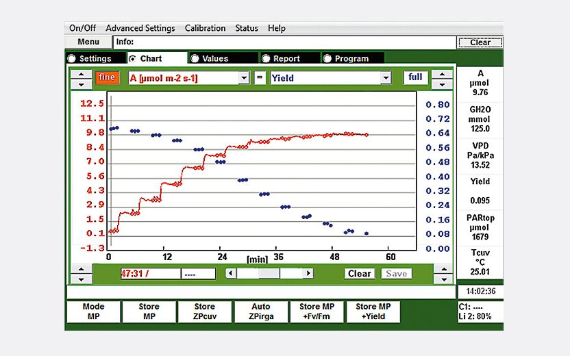 Chart window displaying results measured by GFS-3000 equipped with the LED-Array/PAM Fluorometer 3056-FL