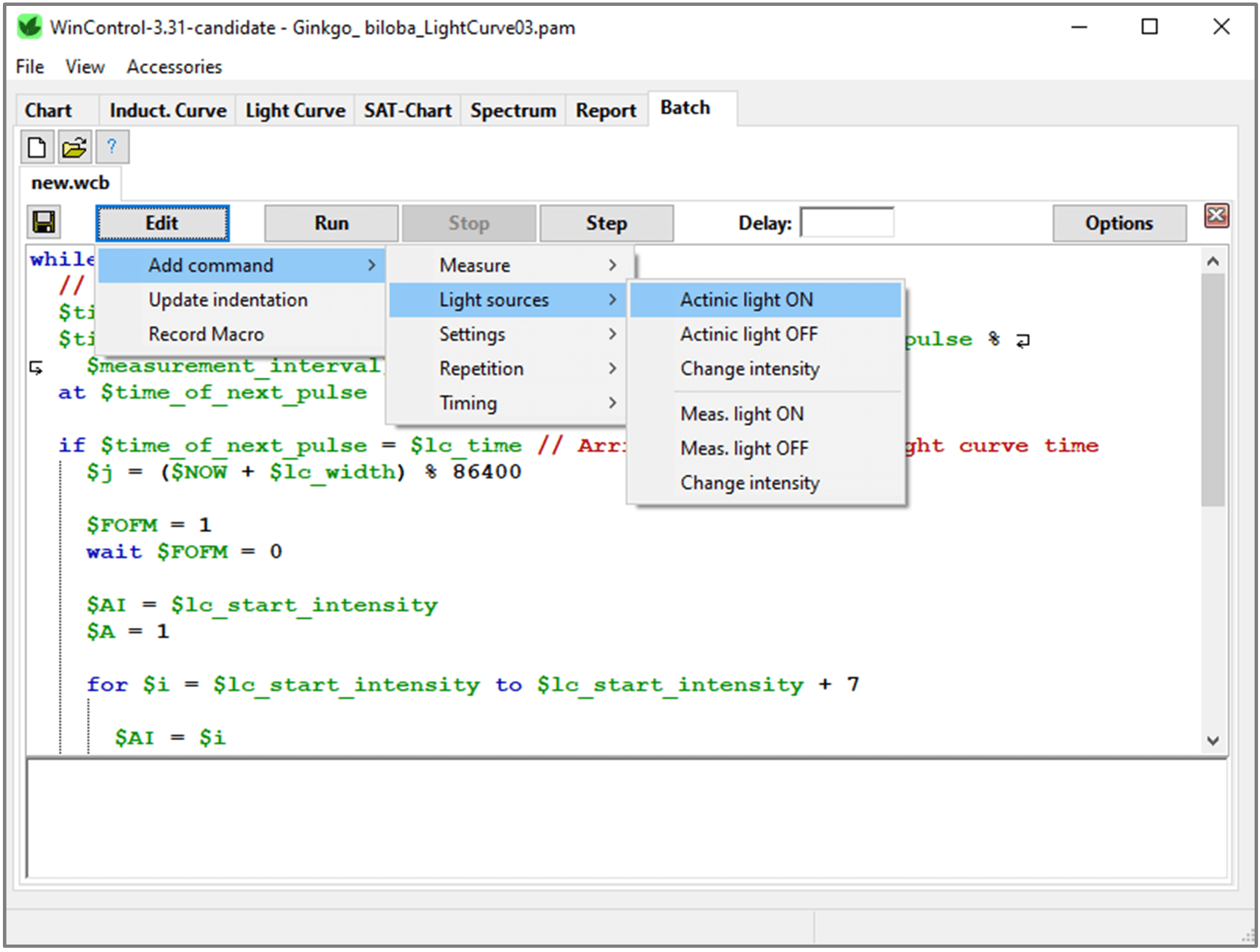 Batch File Window: Batch files execute experiments automatically. Create batch files using the commands provided by drop-down menus (Present command is “Switch on actinic light”. To write to the batch file, successively click: Edit &gt; Add command &gt; Light sources &gt; Actinic light ON). Also create batch files using the Macro recorder of WinControl-3.