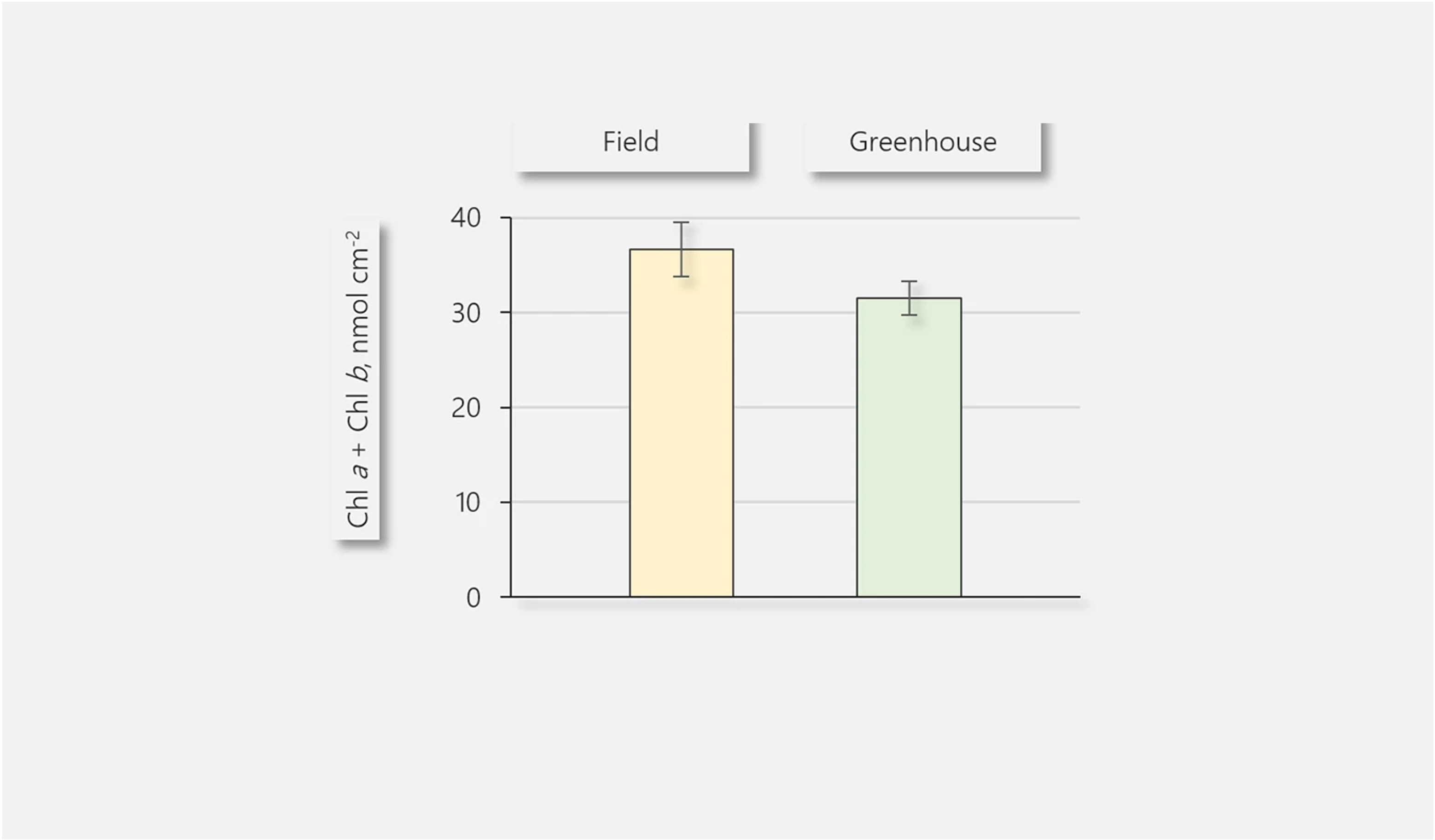 Total chlorophyll concentration (Chl a + Chl b) is higher in field-grown leaves compared to greenhouse-grown leaves.(Turn back for experimental information.)&nbsp;